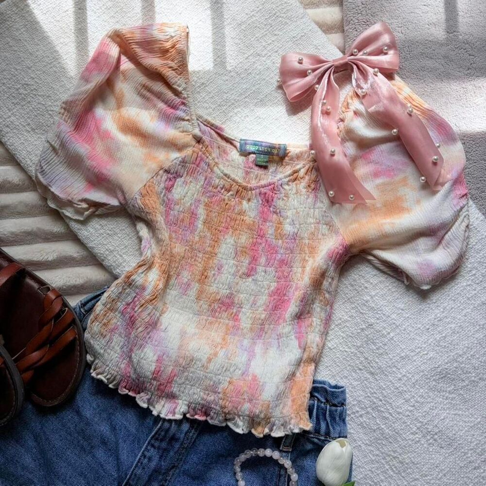Source Unknown Pastel Tie-Dye Puff Sleeve Crop Top - Pink, Peach, Cream
